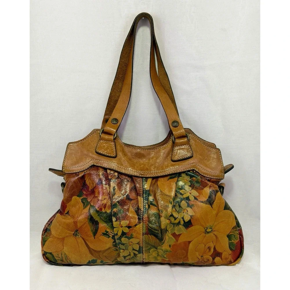 Patricia Nash Enlightened Garden Floral Leather Shoulder Bag Satchel Pleated GUC